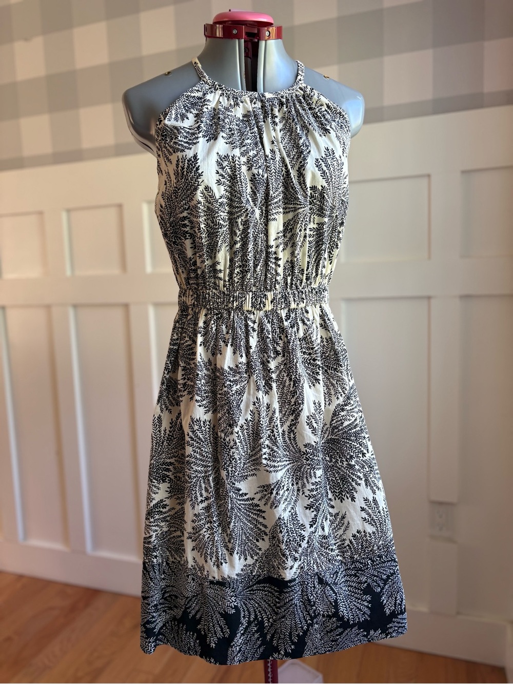 Halter Smocked Midi Dress in Cream and Black Botanical Print Small